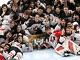 Team Canada celebrates championship after winning the 2024 IIHF ice hockey U18 world championships final match between the United States and Canada in Espoo, Finland, on Sunday, May 5, 2024.