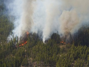 Aerial view of a forest fire in Manitoba