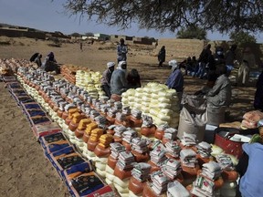 Emergency food is distributed by World Food Programme (WFP) and World Relief in Kulbus, West Darfur, Sudan, in a March 2024 handout photo.