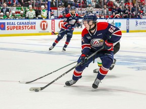 Saginaw Spirit enjoyed a historic season in 2023-24, being one of four teams in the Canadian Hockey League to win 50 games en route to crossing the 100-point plateau for the first time in the team's 22-year history with 102. Spirit's Owen Beck (62) handles the puck during OHL hockey action against the London Knights, in Saginaw, Mich., in an April 29, 2024, handout photo.