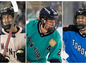 Toronto's Natalie Spooner, Montreal's Marie-Philip Poulin and New York's Alex Carpenter are the Billie Jean King MVP award finalists for the Professional Women's Hockey League's inaugural season. A composite image made of three file photos show, from left to right: Poulin during PWHL hockey action, in Toronto, Friday, March 8, 2024; Carpenter during PWHL hockey action, in Bridgeport, Conn., Wednesday, March 6, 2024, and Spooner during PWHL action in Toronto, Sunday May 5, 2024.