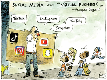 Cartoon of a man carrying a board with the logos of different social media platforms being gawked at by small children accompanies a quote from François Legault: "Social media are 'virtual pushers'"