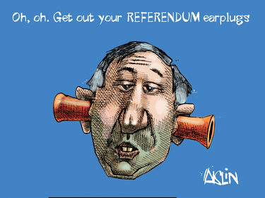 Cartoon of a man with giant earplugs in his ears with the caption "Uh oh, get out your referendum ear plugs"