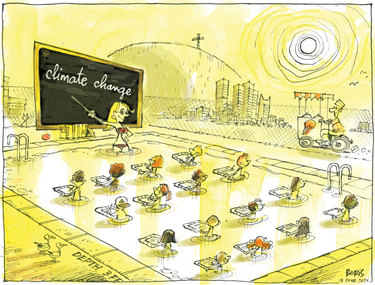 Cartoon of a class of kids at floating desks in a pool. The sun is beating down on Montreal. Their teacher points to the words "climate change" on her chalkboard.