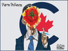 Cartoon of Pierre Poilievre with the Conservative Party of Canada's logo in the background and a smashed tomato on his face