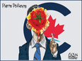 Cartoon of Pierre Poilievre with the Conservative Party of Canada's logo in the background and a smashed tomato on his face