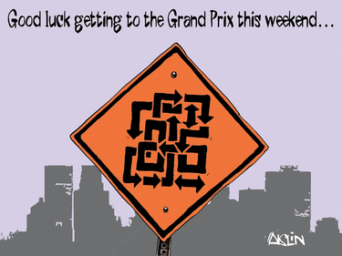 Aislin cartoon depicting a detour sign pointing in on itself, making it impossible to actually direct motorists anywhere, captioned "good luck getting to the grand prix this weekend."
