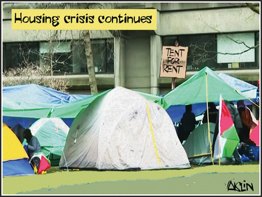 Cartoon of the encampment on McGill's campus with the caption "housing crisis continues"
