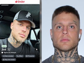 At left, a screengrab of a Tinder profile. At right, the same man’s mug shot.