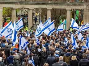 Pro-Israel counter-protesters are seen near a pro-Palestine encampment on the McGill University campus in Montreal on Thursday, May 2, 2024.