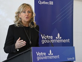 Andrée Laforest speaks at a podium with government logos on it