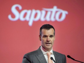 Saputo Inc., chairman of the board and CEO Lino Saputo Jr., addresses the company's annual general meeting in Laval, Que., on Aug. 7, 2018.