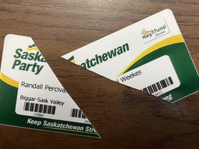 The Saskatchewan Party membership card of Speaker Randy Weekes is shown in a handout.