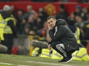 Leeds United head coach Jesse Marsch looks on during English Premier League soccer between Manchester United and Leeds United at Old Trafford in Manchester, England, Wednesday, Feb. 8, 2023.