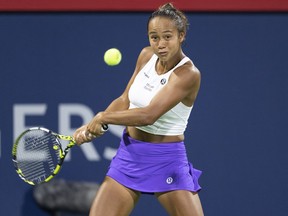 Leylah Fernandez returns to Danielle Collins, of the United States, during the National Bank Open tennis tournament in Montreal, Thursday, Aug.10, 2023.