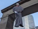An image provided to The Gazette shows an effigy of Benjamin Netanyahu in striped pyjamas was hanging from McGill's Roddick Gates on Sunday May 26, 2024.