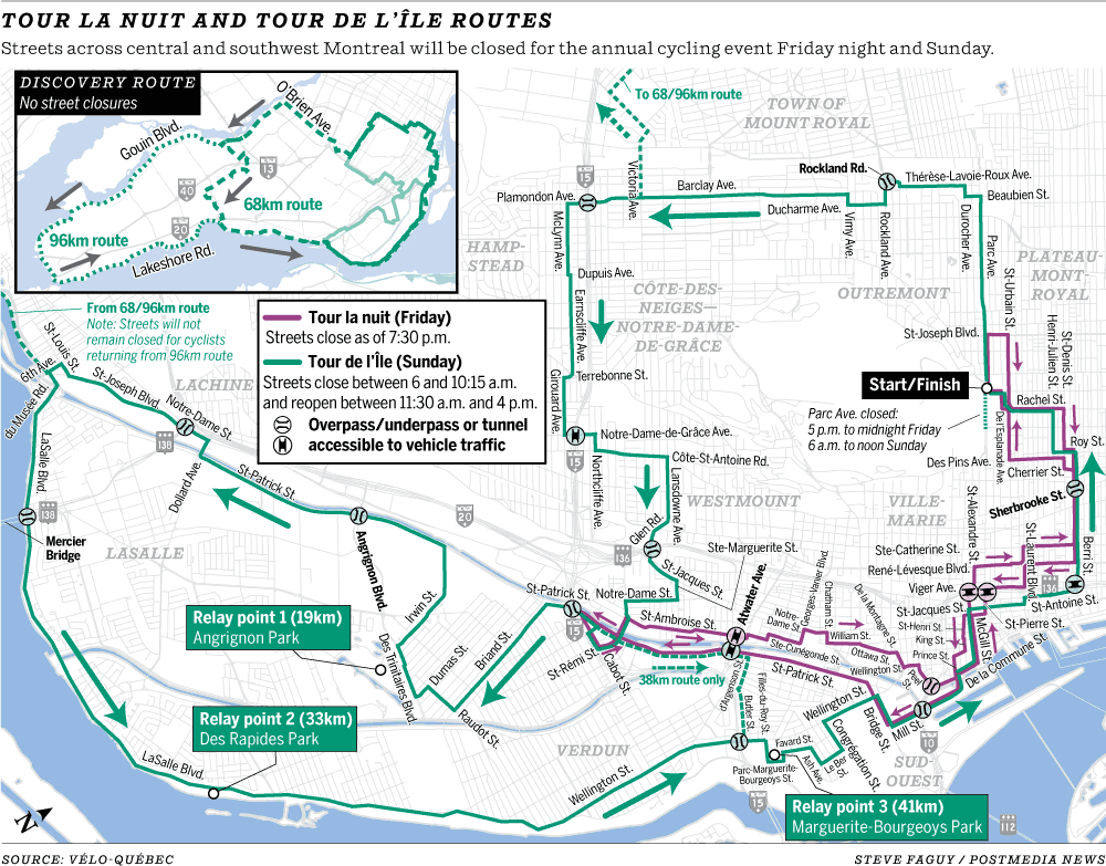 Map showing closures for the Tour de l'Île