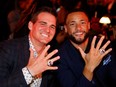 Alouettes quarterback Cody Fajardo, left, and receiver Austin Mack, who has now signed with Atlanta Falcons, show off their 2023 Grey Cup rings a