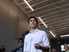 Prime Minister Justin Trudeau speaks about the upcoming wildfire season at the West Kelowna Fire Rescue hall in West Kelowna, B.C., on Friday, May 10, 2024.