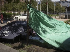 A pole holds up a tarp on a grassy area downtown