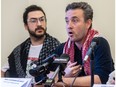 UQAM encampment spokesperson Karim El Zein watches Niall Clapham-Ricardo of Independent Jewish Voices speak into microphones at a news conference organized by the Coalition du Québec Urgence Palestine.