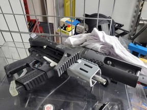 A 3D-printed firearm seized by the RCMP from Pascal Tribout, 37, of St-Joseph-du-Lac. Tribout is charged with weapons manufacturing and possession of a prohibited firearm.
