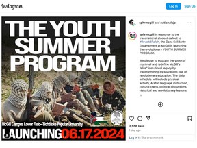 A screenshot from Instagram shows a post from @SPHRMcGill with 'The youth summer program launching 06.17.2024' and an image of people wearing kaffiyehs and carrying guns.