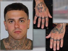 Mug shot of a tattooed man, plus two images of his tattooed hands