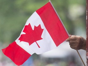 A Canadian flag is seen in someone's hand against a blurry green background.