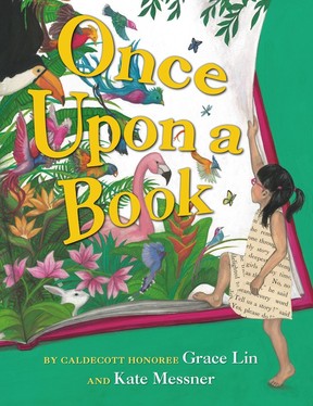 A children's book cover illustration shows a girl stepping onto a large book and turning the page, which has a jungle scene on it. The girl's dress is made of book pages. The title Once Upon a Book is superimposed over the jungle scene, and the author and illustrator's names are at the bottom.
