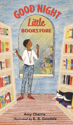 A children's book cover illustration shows a woman about to turn off the lights in a bookstore as she waves to two people through a window. There's a cat sleeping on one of the shelves. The title Good Night Little Bookstore is overhead, with the author and illustrator's names underneath.