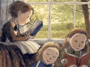 A children's book illustration shows three children by a windowsill with a tree outside. Two of the girls are reading, the other is sleeping.