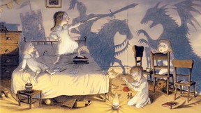 A children's book illustration shows four kids play-acting in a bedroom. On the wall behind them are shadows of a castle, a knight on a horse and a dragon.