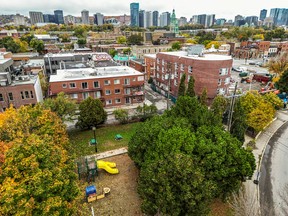 Overview of a red-brick building next to a playground, with the Montreal skyline in the background.