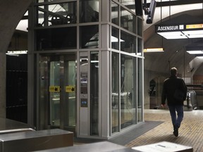 A man walks by the Bonaventure métro station elevator
