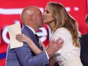 Canadiens GM Kent Hughes greets singing superstar Céline Dion on stage before she announced Russian forward Ivan Demidov as the team’s first-round pick (fifth overall) Friday night at the NHL Draft in Las Vegas.