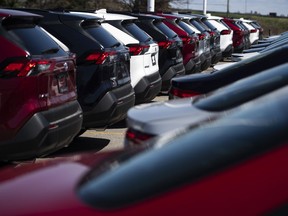 SUVs for sale are seen at an auto mall in Ottawa, April 26, 2021.
