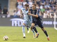 Philadelphia Union's Jack Elliott, right in dark blue, goes after the ball agains CF Montréal's Joaquin Sosa, in grey, during match on Saturday, June 1, in Chester, Pa.