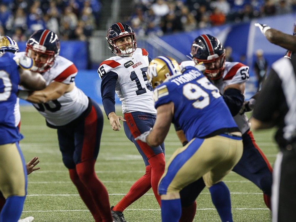 Montreal Alouettes' David C&ocirc;t&eacute; (15) watches as his kick goes through the posts during second half CFL action against the Winnipeg Blue Bombers in Winnipeg Thursday, June 6, 2024.
