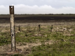 A water meter stands in a dry wetland in Donana natural park, southwest Spain, on Oct. 19, 2022.