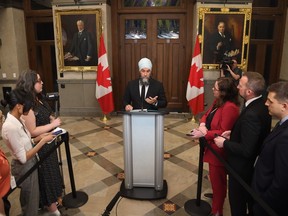 New Democratic Party Leader Jagmeet Singh speaks in the Foyer of the House of Commons about the NSICOP report, on Parliament Hill in Ottawa, on Thursday, June 13, 2024.