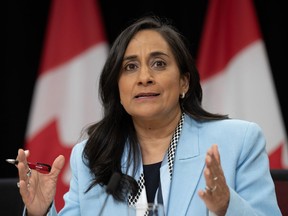 President of the Treasury Board Anita Anand responds to a question during a news conference in Ottawa, Tuesday, June 18, 2024.