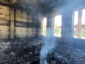 This grab taken from a handout footage released by the administration of the head of Russia's Dagestan Republic on June 24, 2024, shows a burned-out synagogue.