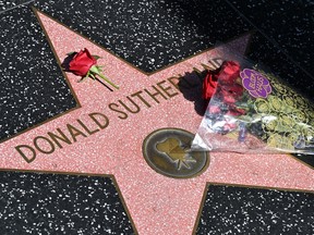 Flowers are placed on the star of late Canadian actor Donald Sutherland on the Hollywood Walk of Fame, on June 20, 2024 in Hollywood.