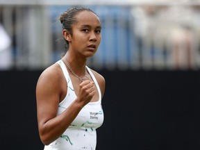 Canada's Leylah Fernandez reacts after winning a point against Madison Keys of the U.S. during their match on day seven of the Rothesay International at Devonshire Park, Eastbourne, England, Friday June 28, 2024.
