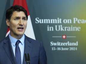 Prime Minister Justin Trudeau takes part in a closing press conference following the Ukraine peace summit at the Burgenstock Resort in Obburgen, Switzerland on Sunday, June 16, 2024.