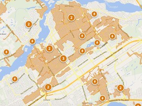 A map shows orange shaded areas covering much of the West Island of Montreal