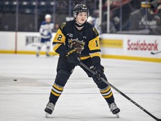 Canadiens prospect Owen Protz, a 6-foot, 205-pound defenceman, is seen playing for the Brantford Bulldogs this past February.