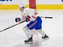Owen Beck does a skating drill connected to a cable during  Canadiens development camp at the CN Sports Complex in Brossard on Wednesday.