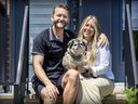 Former Alouettes quarterback Tanner Marsh with wife, Chelsey Narvey, and their dog Whiskey at her brother’s home in St-Laurent. The couple are expecting their first child, a daughter, in November.